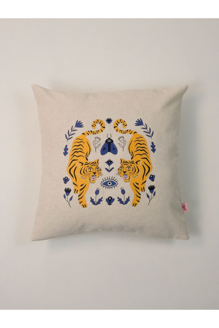 Tiger Charm Kaplan & Nazar Motifli Keten Kırlent Kılıfı 45×45 cm