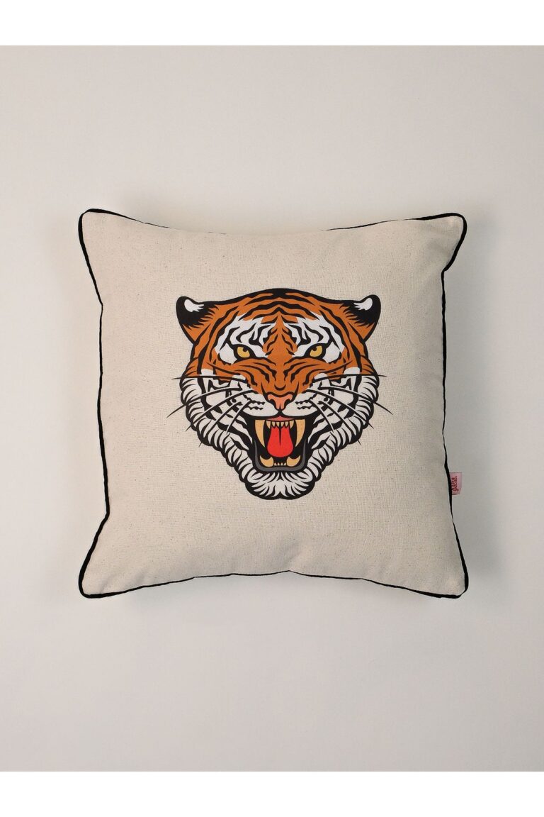 Roar Icon Kaplan İllüstrasyonlu Keten Kırlent Kılıfı 45×45 cm