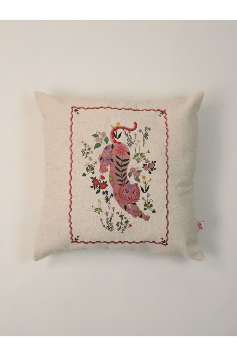 Flora Panther Çiçekli Pembe Kaplan Keten Kırlent Kılıfı 45×45 cm