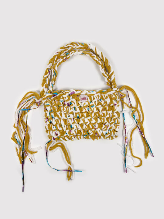 Golden Confetti El Örgüsü Kadife İpli Omuz Çantası (Hardal & Krem Tonları)